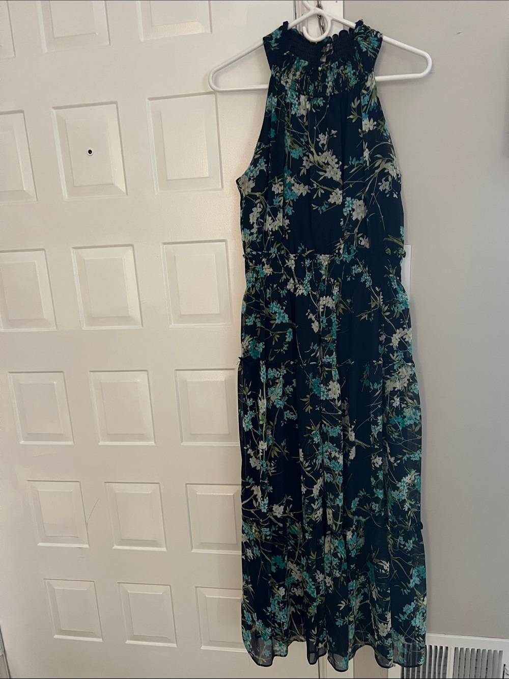 Sleeveless Floral Maxi Dress with Smocked High Neck - Navy Green Floral